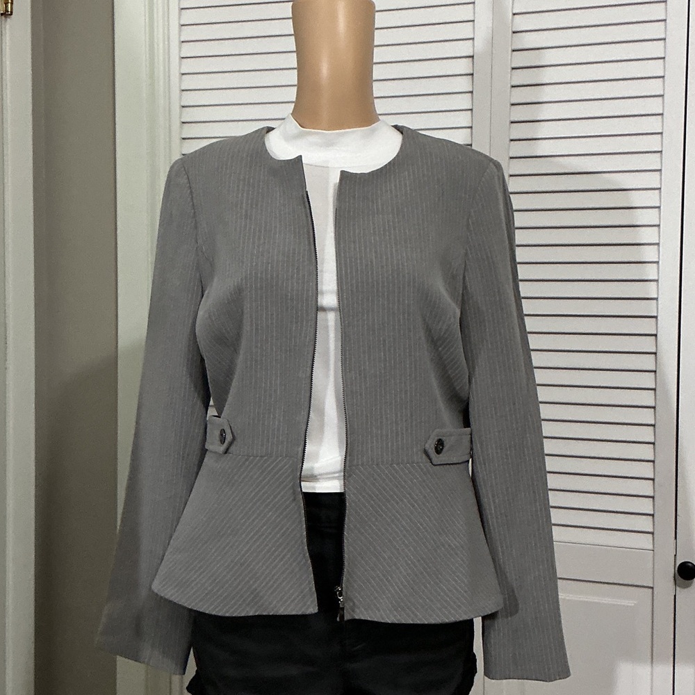 Tahari Gray Peplum Zip-Front Blazer